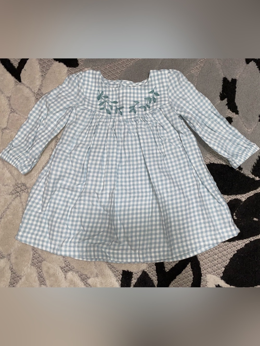 Carter's Baby Girl Blue and White Flannel Long Sleeve Dress w/ Green Embroidery